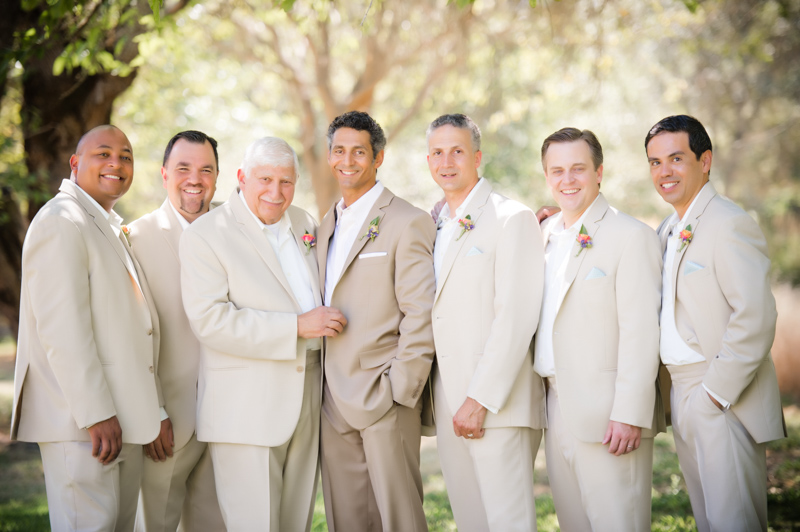Groom and groomsmen in khaki tuxedos