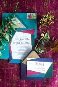 emerald magenta teal gold red multicolor wedding invitations
