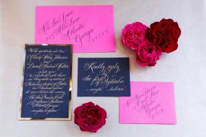 pink navy blue gold wedding invitations