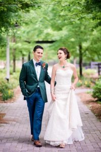 bride and groom multicolored wedding lace wedding dress green blue tuxedo orange yellow red boutonniere bridal jewelry
