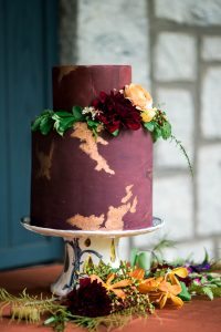 magenta gold leaf detail floral wedding cake