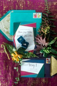 multicolored block style wedding invitations pink emerald teak purple gold navy