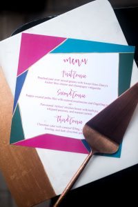 multicolored wedding reception menu card teal pink emerald gold