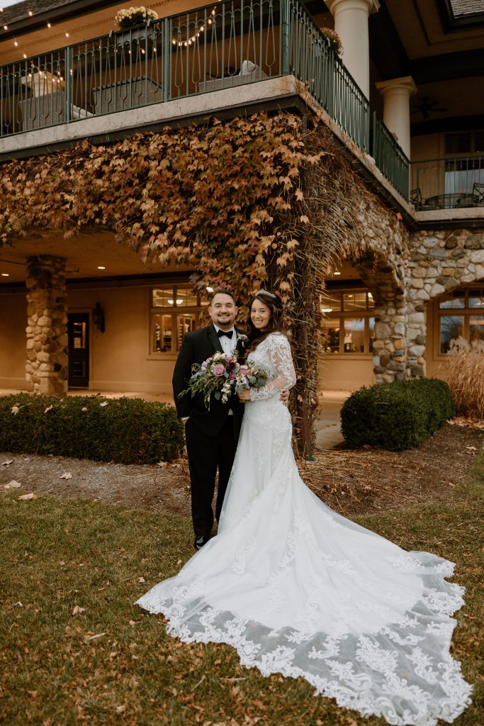 bride and groom outside at Boulder Ridge Country Club