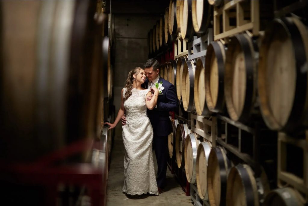bride in barrel room
