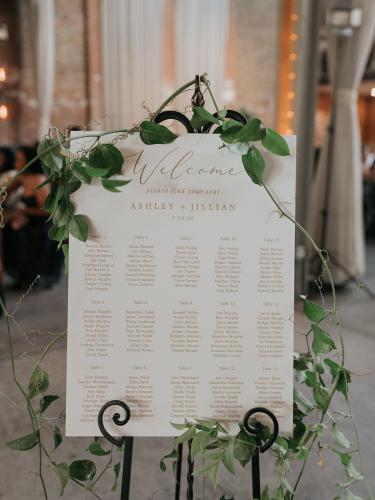 Bringing a touch of nature to their industrial venue, Jillian & Ashley opted for an ivy-wrapped seating chart.