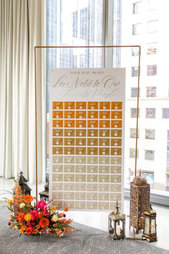 Stunning ombre seating chart in desert tones. From the "Moroccan Sunset" shoot, a 2023-2024 Designer's Challenge contender. 